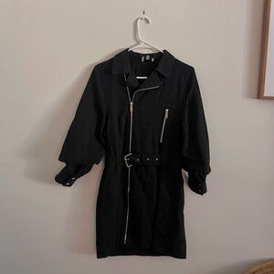 Long Sleeve Black Belted Zipper Dress